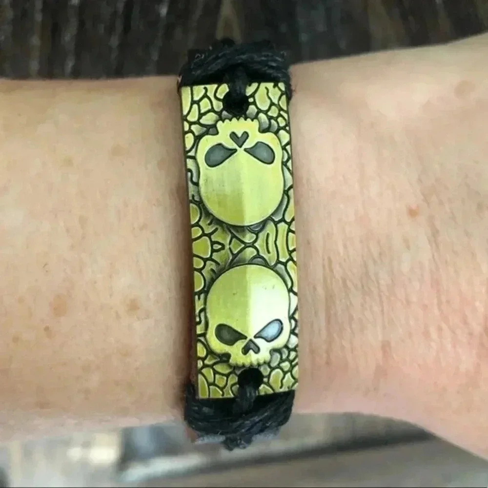 Bronze Double Skulls Leather & Hemp Adjustable Bracelet E NWT